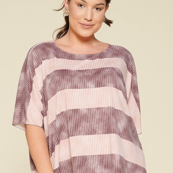 Stripe Printed Pleated Blouse Featuring A Boat Neckline And 1/2 Sleeves - Picture 1 of 5